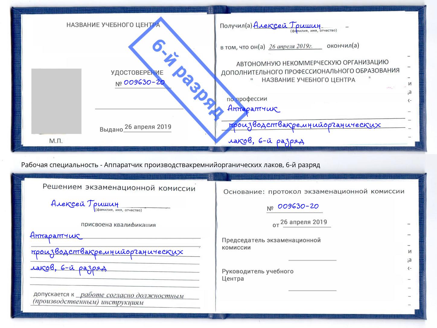 корочка 6-й разряд Аппаратчик производствакремнийорганических лаков Керчь