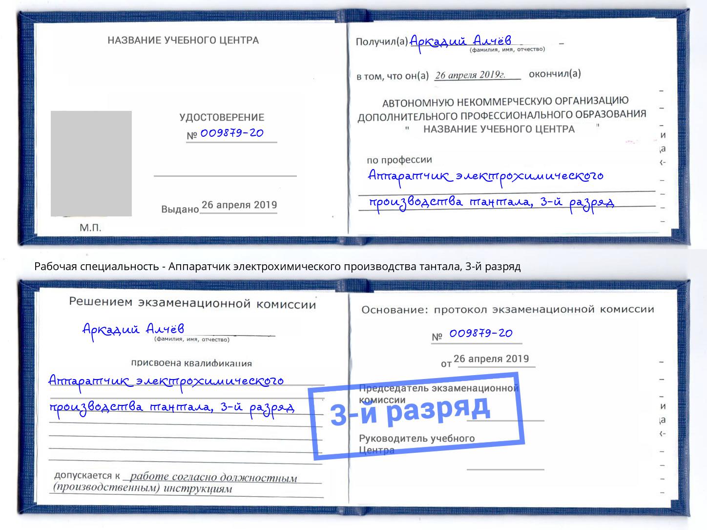 корочка 3-й разряд Аппаратчик электрохимического производства тантала Керчь