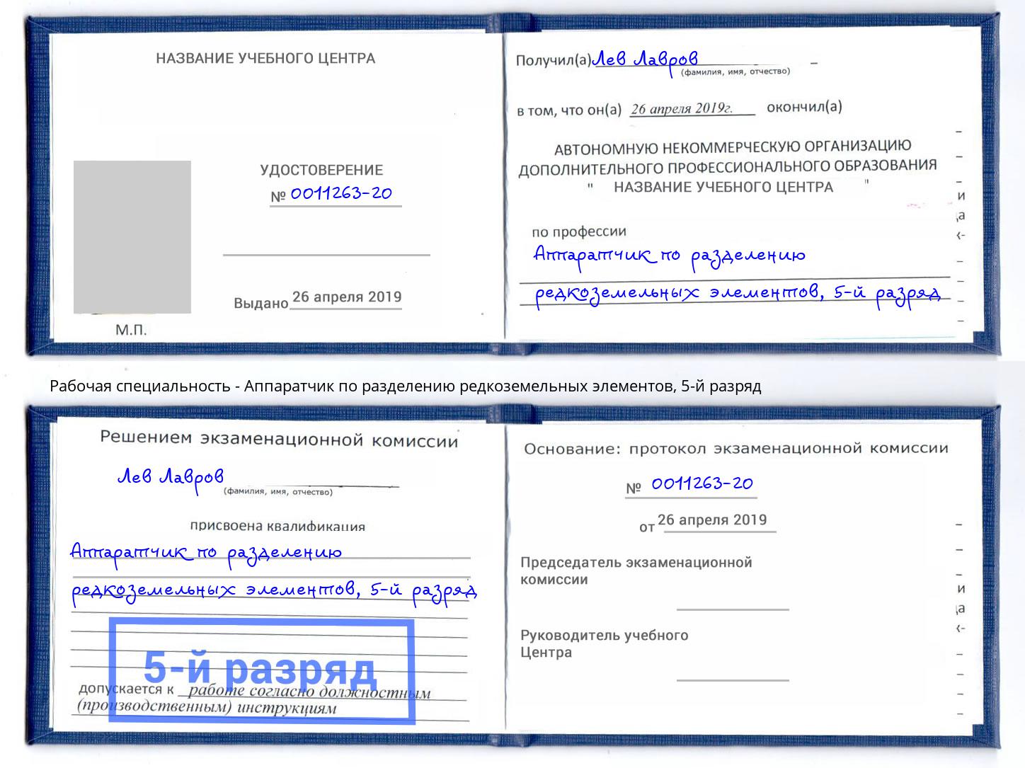 корочка 5-й разряд Аппаратчик по разделению редкоземельных элементов Керчь